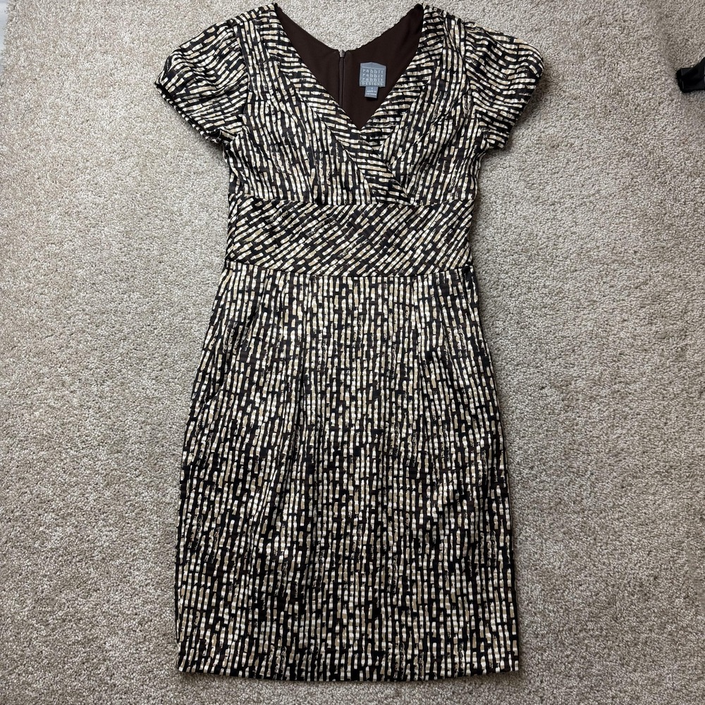 Rabbit Rabbit Rabbit Designs Dress Womens 6 Brown Geometric V Neck Empire Sheath